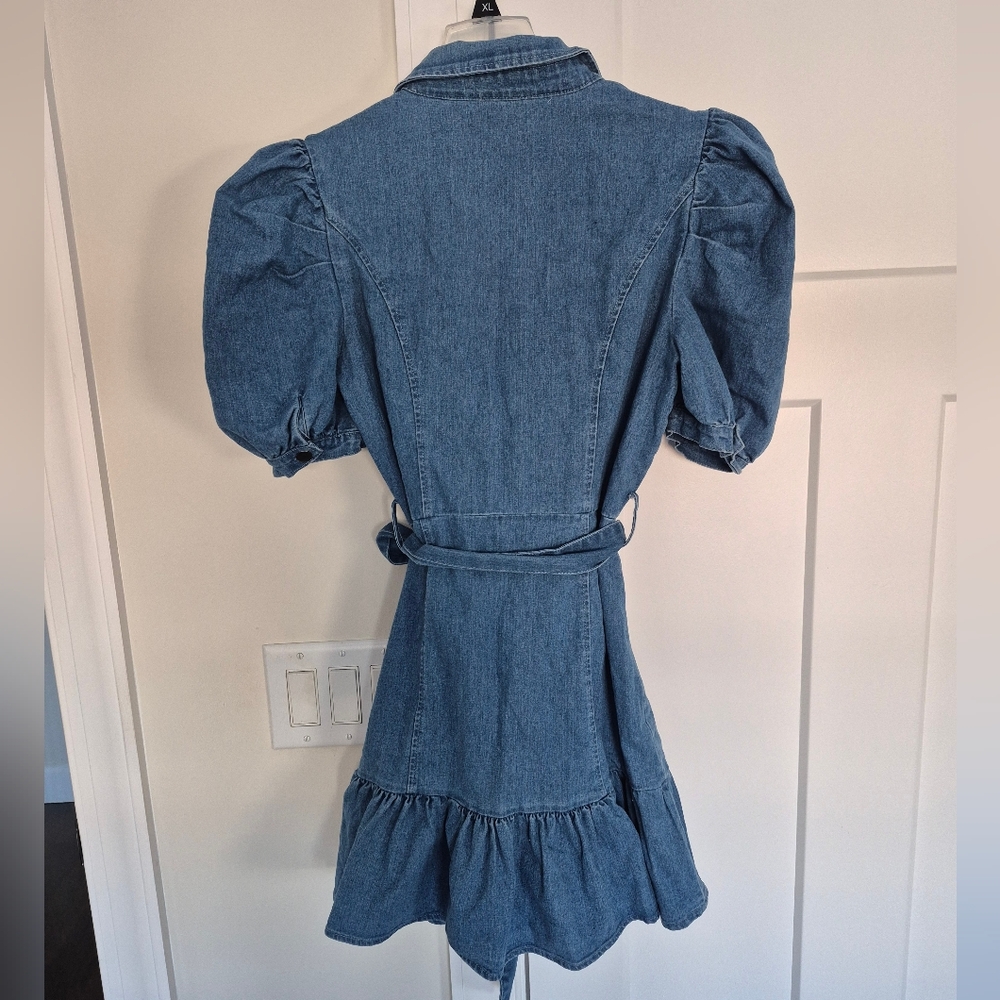 Vici Dress Denim Flirty Ruffle Short Puff Sleeve Mini Size S - Picture 7 of 13